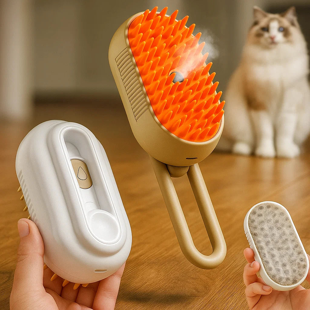 CEPILLO 3 EN 1 PARA MASCOTAS 🐾 | Masajea, Quita Pelo y Limpia con Spray – Pelaje Brillante y Hogar Limpio